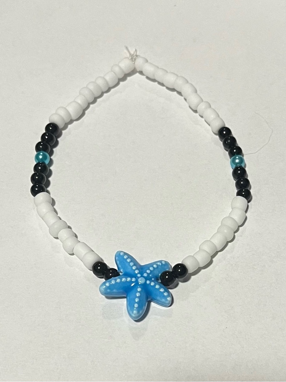 Blue Starfish Beaded Bracelet - White & Black Beads